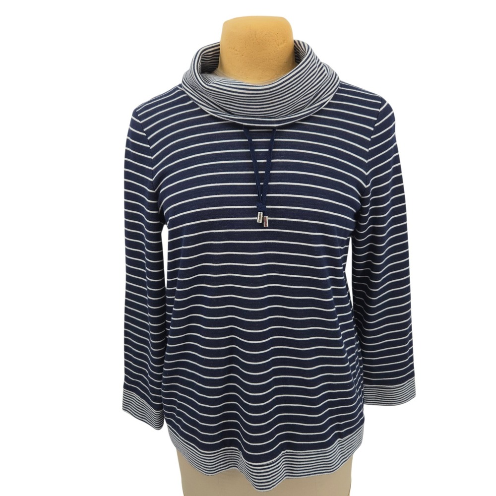 Chico's Striped Cowl Neck Top Long Sleeve Pullover Size 2 L 12 nautical Casual
